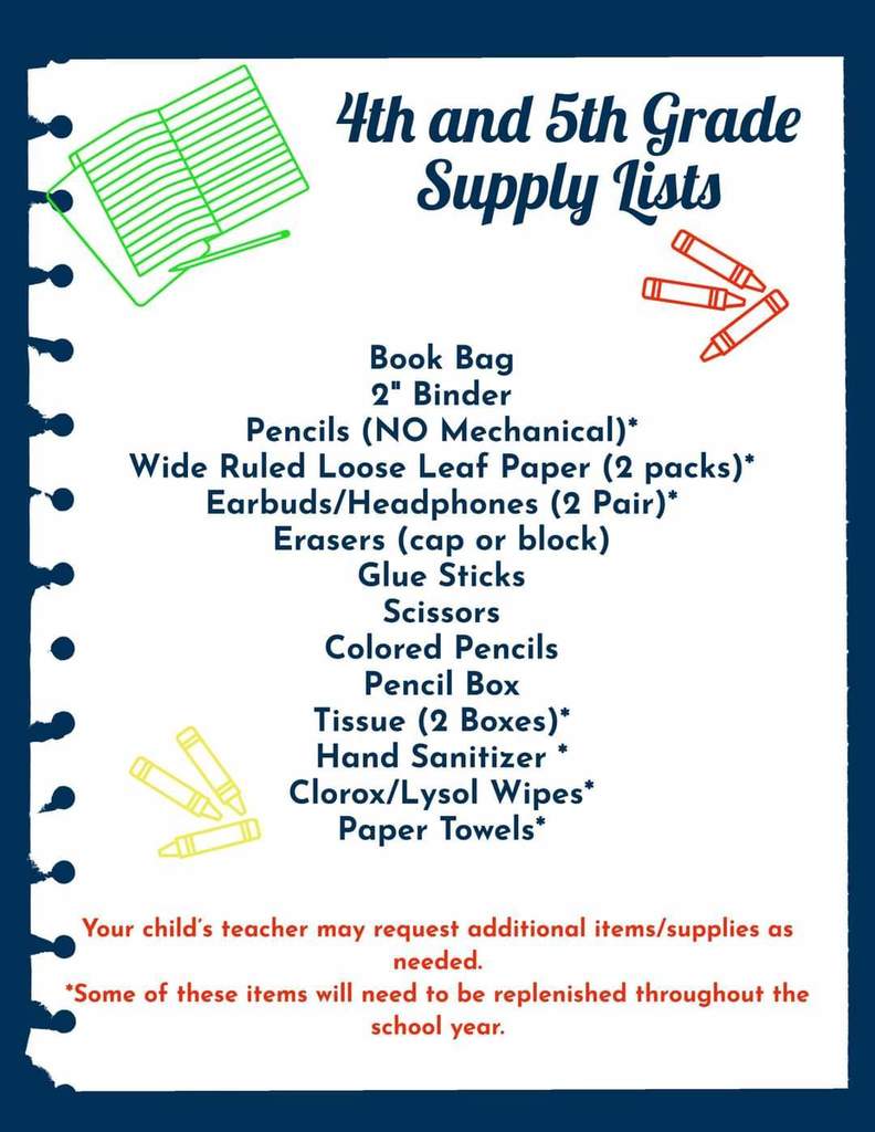 4th and 5th Grade Supply Lists